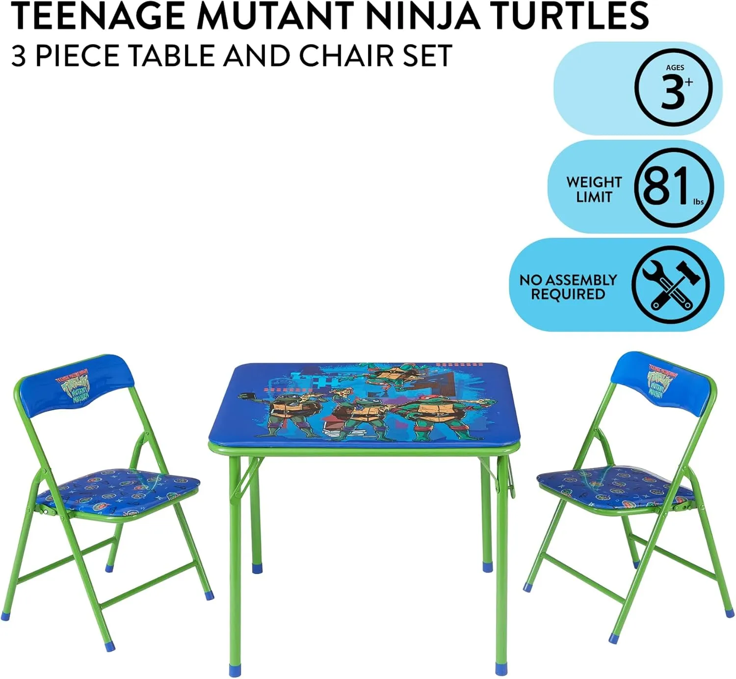 Idea Nuova Teenage Mutant Ninja Turtles 3 Piece Children's Activity Square Table and 2 Folding Chairs Set, Ages 3 
