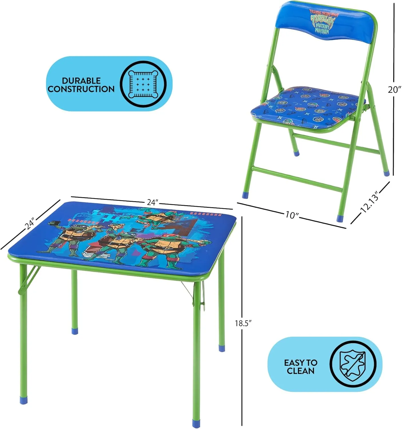 Idea Nuova Teenage Mutant Ninja Turtles 3 Piece Children's Activity Square Table and 2 Folding Chairs Set, Ages 3 