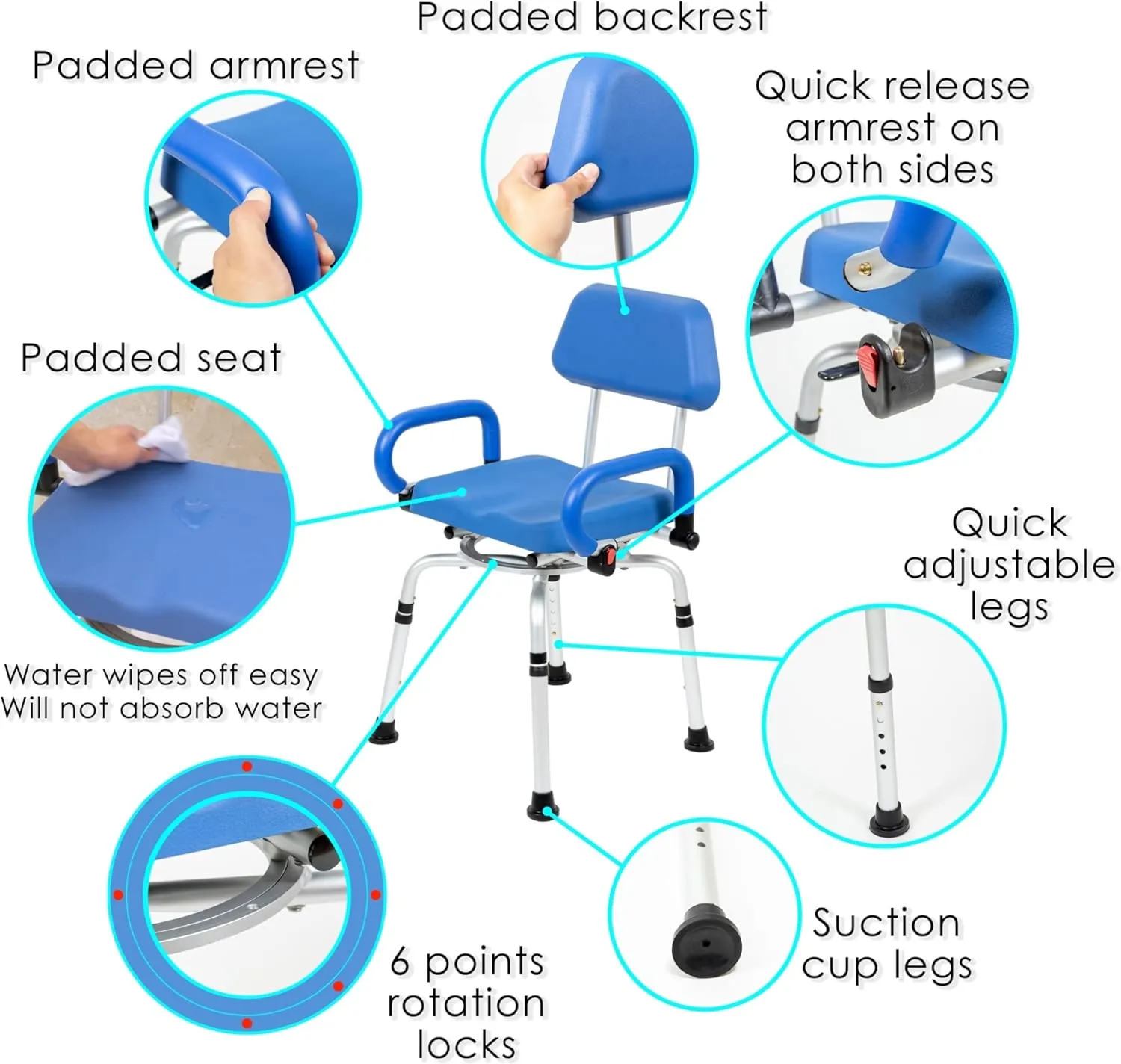 iLIVING ILG-638 Swivel Pivoting Shower Chair for Bathtub and Shower with Padded Seat, Back and Arms, and Adjustable Height , Blue
