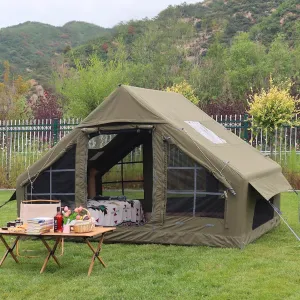 Inflatable Camping Tent 8-10 Person with Chimney Mouth Blow up Tent with Mesh Windows Large Inflatable Tent House with Pump Easy Setup 4 Seasons Family Tents for Camping Outdoor Waterproof 600D Oxfo