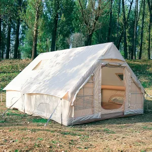 Inflatable Camping Tent Blow Up Air Tent with Chimney Mouth Waterproof Oxford Family Tent with Mesh Windows Easy Setup Inflatable House Tent 8-10 Person with Pump for Camping Hiking Outdoor 4 Season