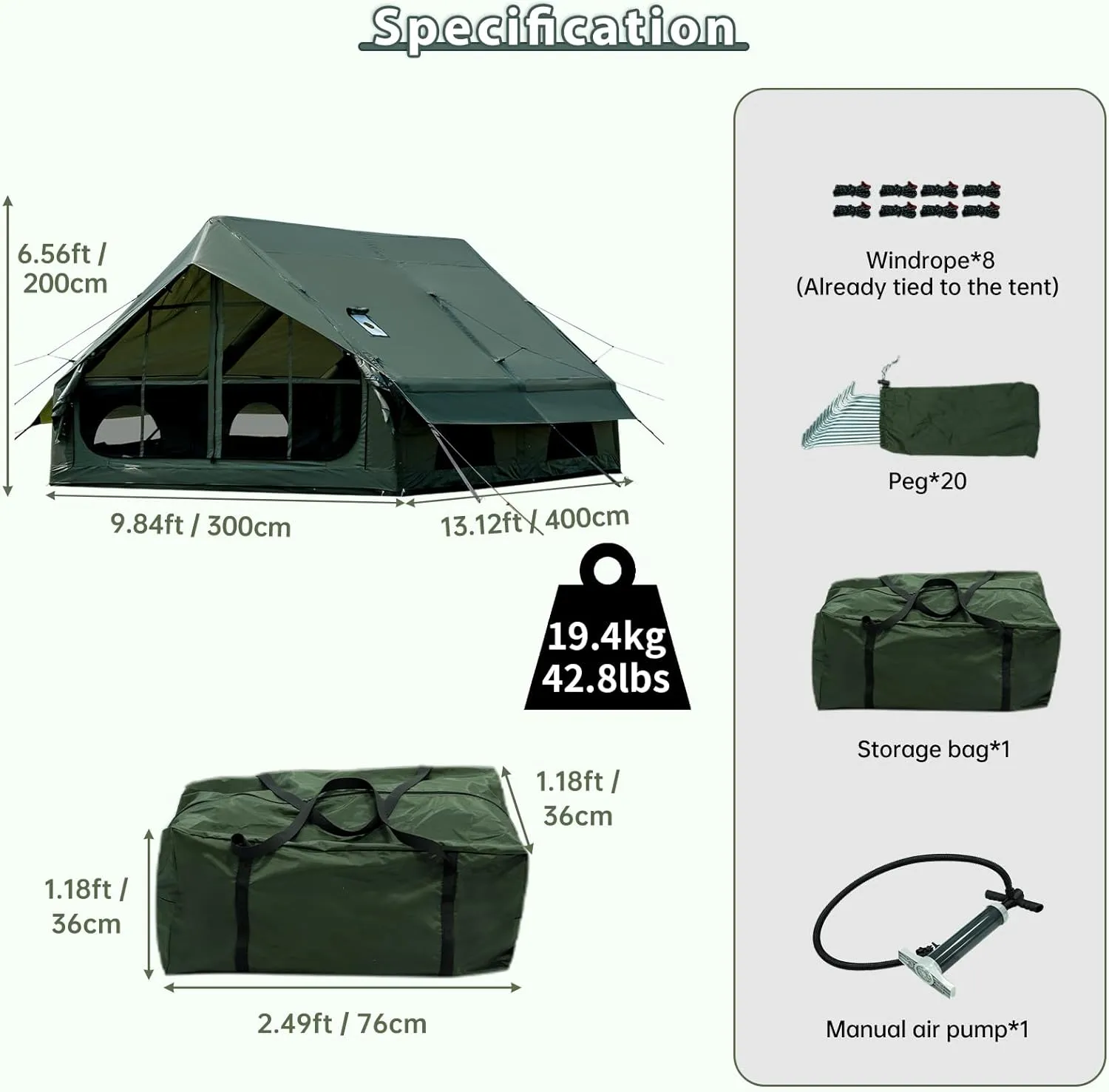 Inflatable Camping Tent with Hand Pump Waterproof Outdoor Blow up Tent 3-8 Person Oxford 4 Season Glamping Air Tent Cabin House with Mesh Windows & Door