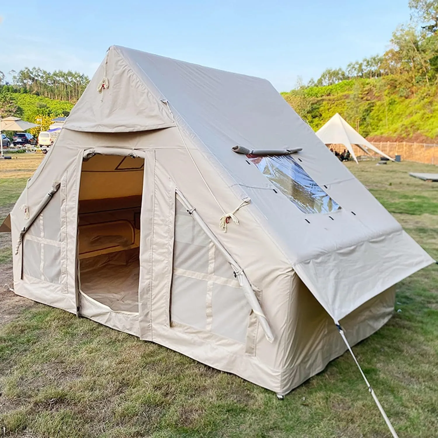 Inflatable Canvas Tents for Camping 2-8 Person Gonflable Large Air Yurt Tents,Easy Setup/Waterproof/Breathable Outdoor Oxford Canvas Teepee Tents 4-Season for Family Camping Hiking