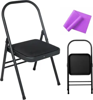 INNOLIFE Yoga Auxiliary Chair Foldable Backless Yoga Chair with Purple Yoga Resistance Band for Abs & Core, Flexibility and Strength Training and Back Pain Relieving