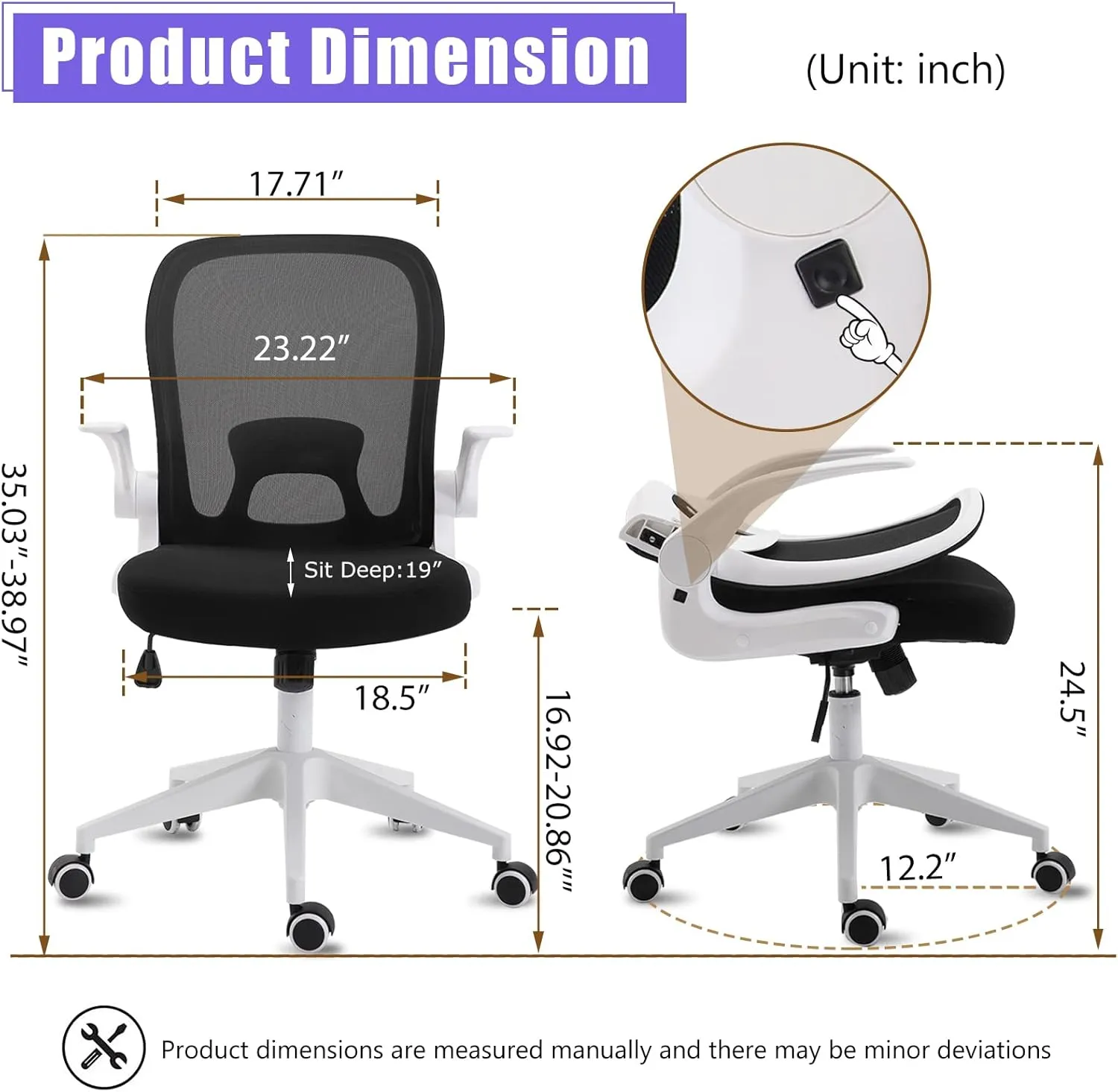 IPKIG Office Chair with Foldable Backrest, Home Office Desk Chairs with Wheels and Flip-Up Arms, Breathable Mesh Chair Mid Back Computer Chair Swivel Desk Chair for Home Meeting Room (White-A)