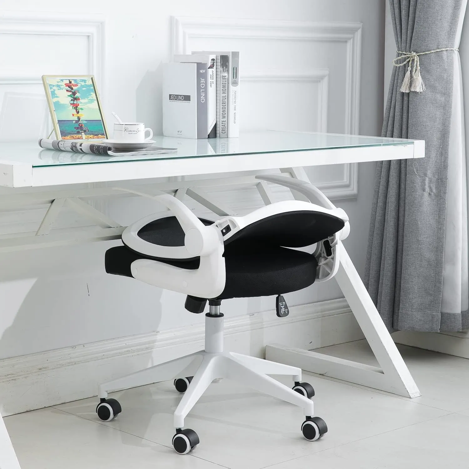 IPKIG Office Chair with Foldable Backrest, Home Office Desk Chairs with Wheels and Flip-Up Arms, Breathable Mesh Chair Mid Back Computer Chair Swivel Desk Chair for Home Meeting Room (White-A)