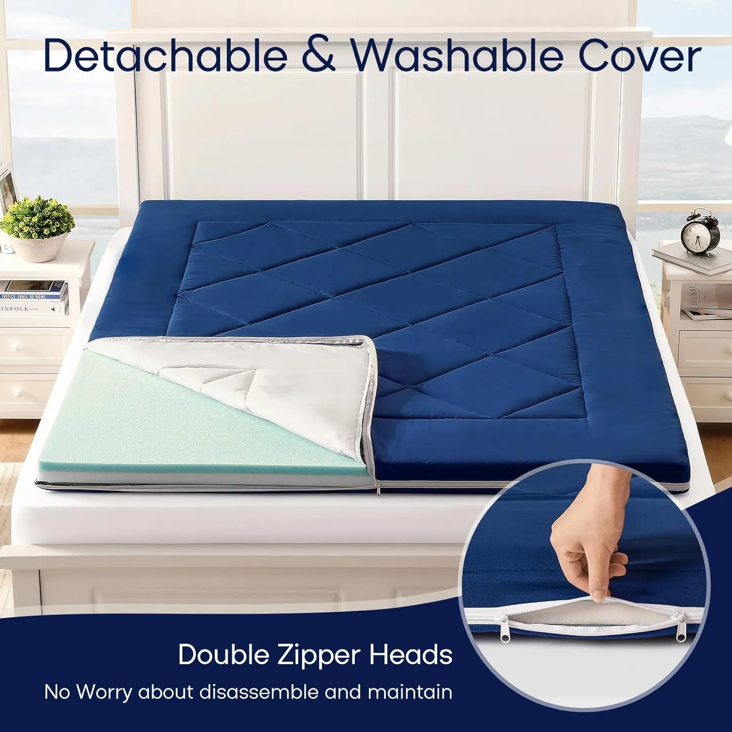Japanese Futon Floor Mattress - Portable Tatami Mat Foam With Storage Bag - Foldable for Lounge - Thick Roll Up for Dormitory Guest Room (Full, Blue)