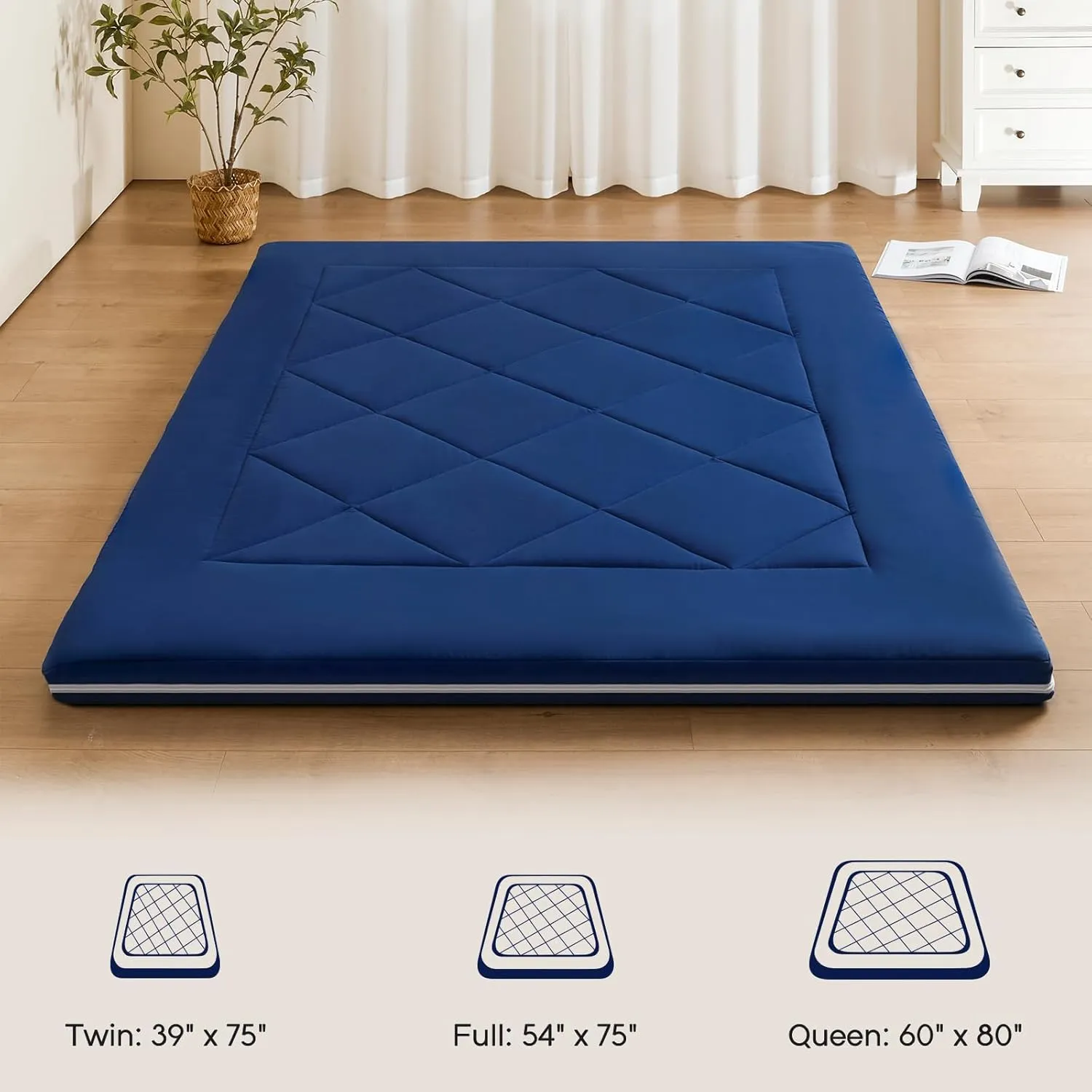 Japanese Futon Floor Mattress - Portable Tatami Mat Foam With Storage Bag - Foldable for Lounge - Thick Roll Up for Dormitory Guest Room (Full, Blue)
