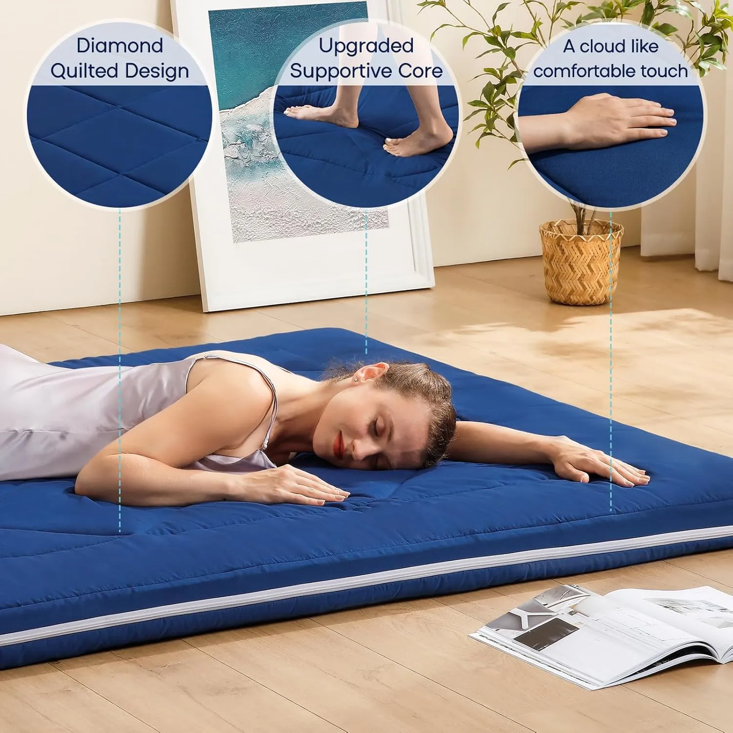 Japanese Futon Floor Mattress - Portable Tatami Mat Foam With Storage Bag - Foldable for Lounge - Thick Roll Up for Dormitory Guest Room (Full, Blue)