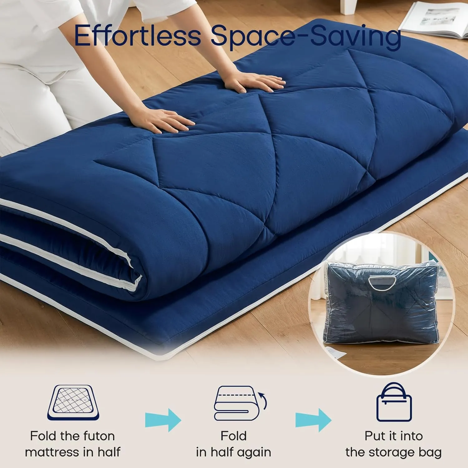 Japanese Futon Floor Mattress - Portable Tatami Mat Foam With Storage Bag - Foldable for Lounge - Thick Roll Up for Dormitory Guest Room (Full, Blue)