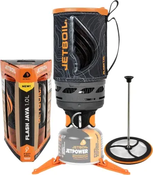 Jetboil Flash Java 1.0L Portable Fast Boil Stove with Silicone French Press and 1-Step Auto Ignition for Camping and Backpacking, New for 2025, Propane/Isobutane Burner with Cooking Cup, Topo