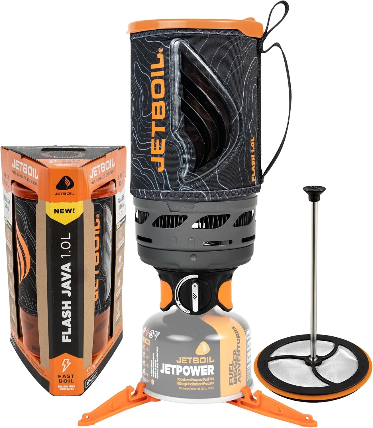 Jetboil Flash Java 1.0L Portable Fast Boil Stove with Silicone French Press and 1-Step Auto Ignition for Camping and Backpacking, New for 2025, Propane/Isobutane Burner with Cooking Cup, Topo