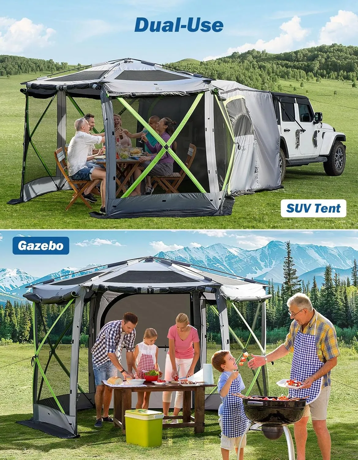 JOYTUTUS Dual-Use Pop up SUV Tent for Camping, 11x11 Ft Outdoor Gazebo Screen Tent, SUV Tailgate Tent for Family Vehicle Camping, Canopy Shelter Portable Carry Bag