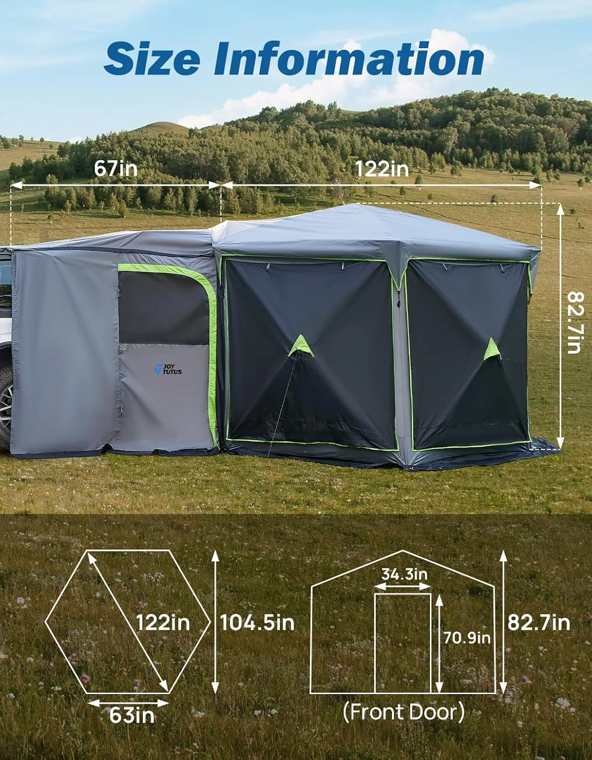 JOYTUTUS Dual-Use Pop up SUV Tents for Camping, 10 x10.5 Ft Big Space 2 Rooms Car Tent, SUV Tailgate Tent for Family Camping, 5 Sides Canopy, Portable Carry Bag, Gray Green