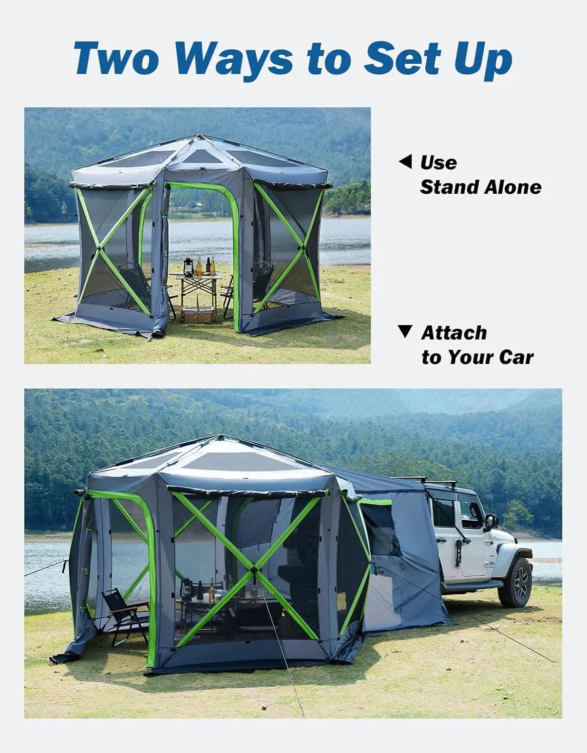 JOYTUTUS Dual-Use Pop up SUV Tents for Camping, 10 x10.5 Ft Big Space 2 Rooms Car Tent, SUV Tailgate Tent for Family Camping, 5 Sides Canopy, Portable Carry Bag, Gray Green