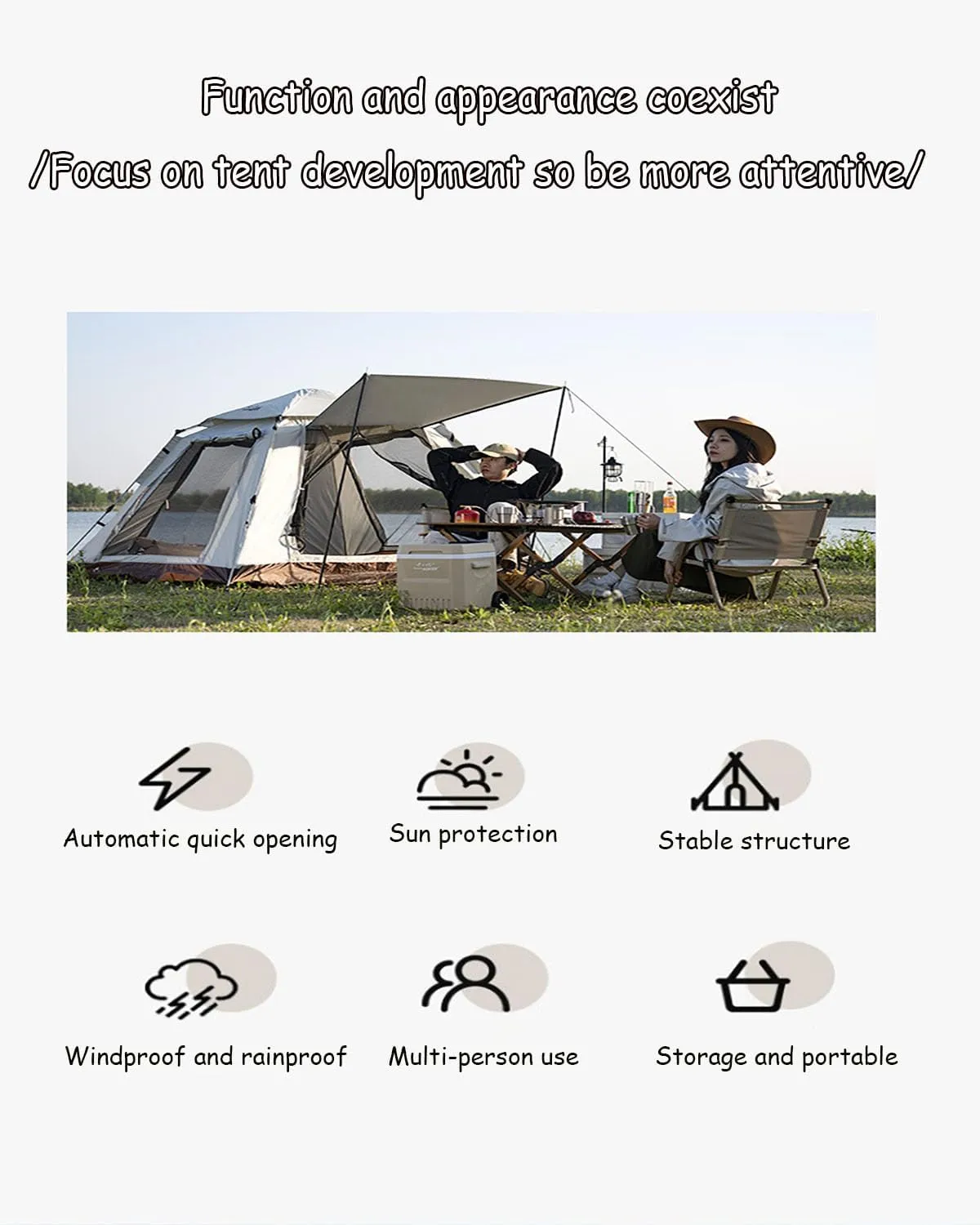 JSWHYBD Adult Automatic Pop Up Camping Tent Portable Quick Open Hiking Tent Outdoor Tent Camping Tent 5-8 Person Park Tent Camping Complete Set Indoor Tent Backpacking 210 * 210 * 145cm Ricecolor