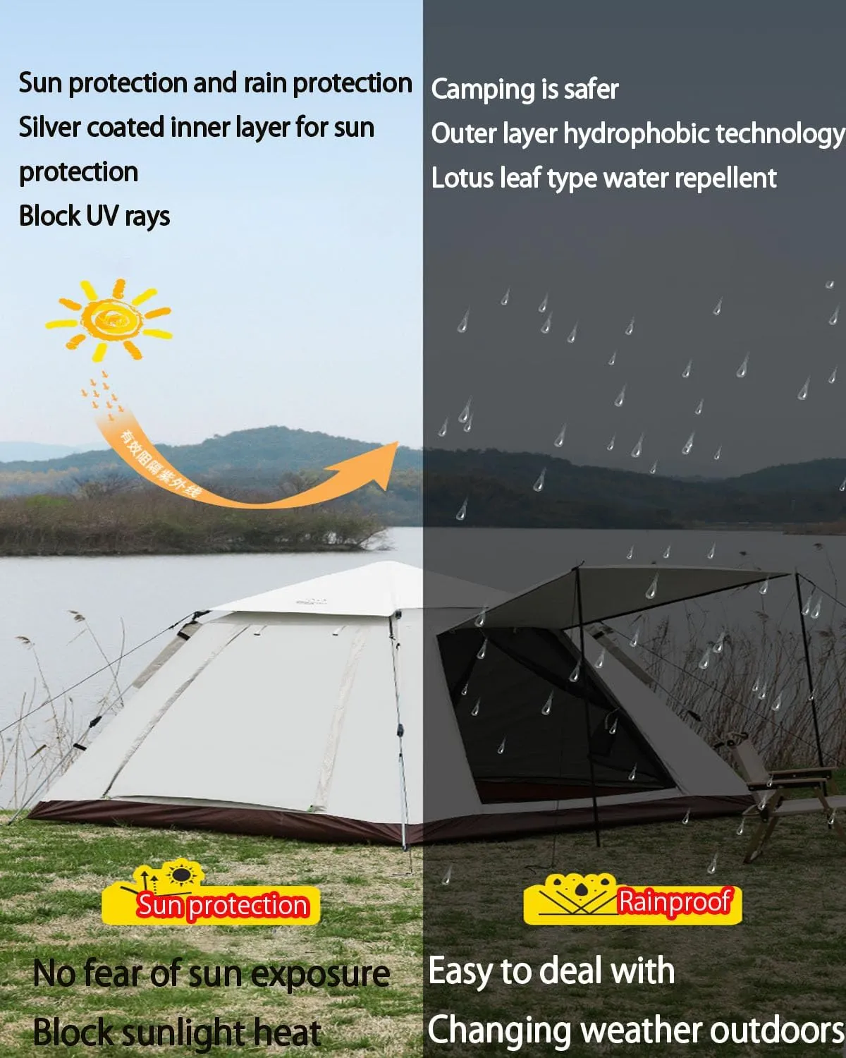 JSWHYBD Adult Automatic Pop Up Camping Tent Portable Quick Open Hiking Tent Outdoor Tent Camping Tent 5-8 Person Park Tent Camping Complete Set Indoor Tent Backpacking 210 * 210 * 145cm Ricecolor