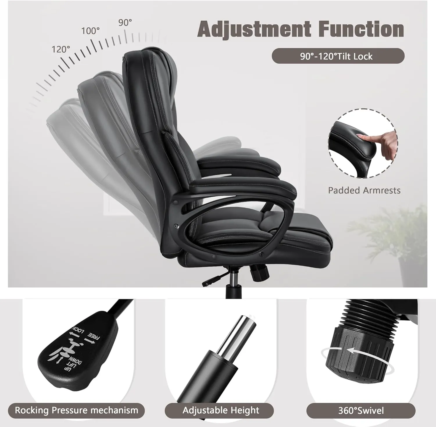 JUMMICO Executive Office Chair High Back Managerial Home Desk Chair, Adjustable Swivel Computer PU Leather Chair with Lumbar Support (Black)