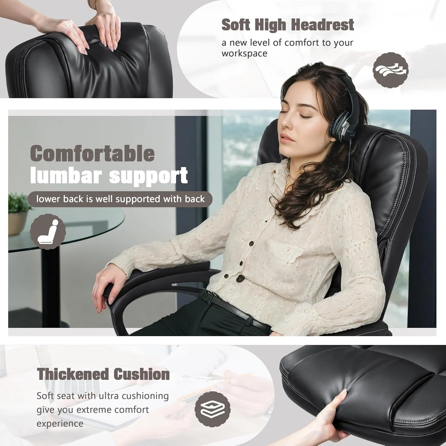 JUMMICO Executive Office Chair High Back Managerial Home Desk Chair, Adjustable Swivel Computer PU Leather Chair with Lumbar Support (Black)
