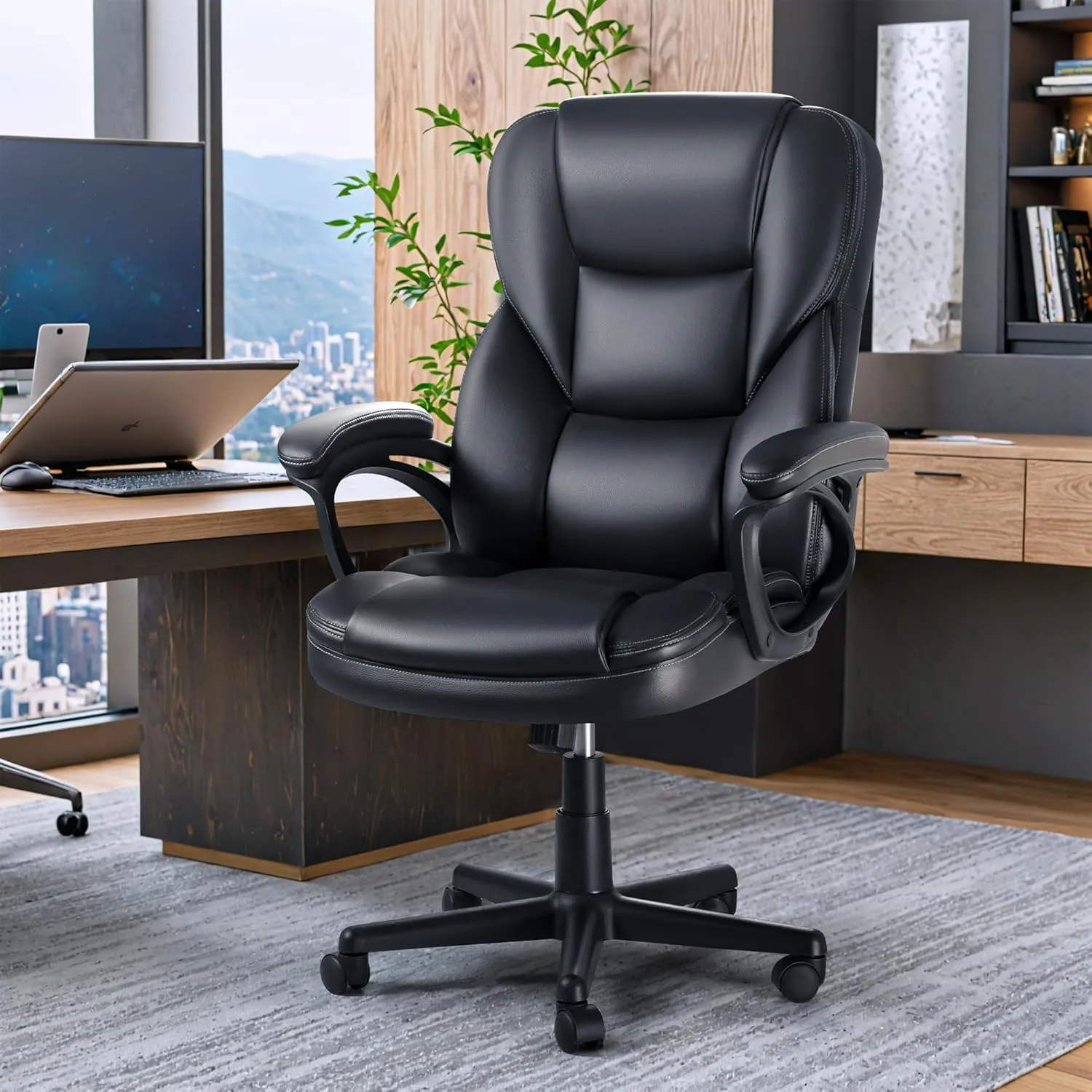 JUMMICO Executive Office Chair High Back Managerial Home Desk Chair, Adjustable Swivel Computer PU Leather Chair with Lumbar Support (Black)
