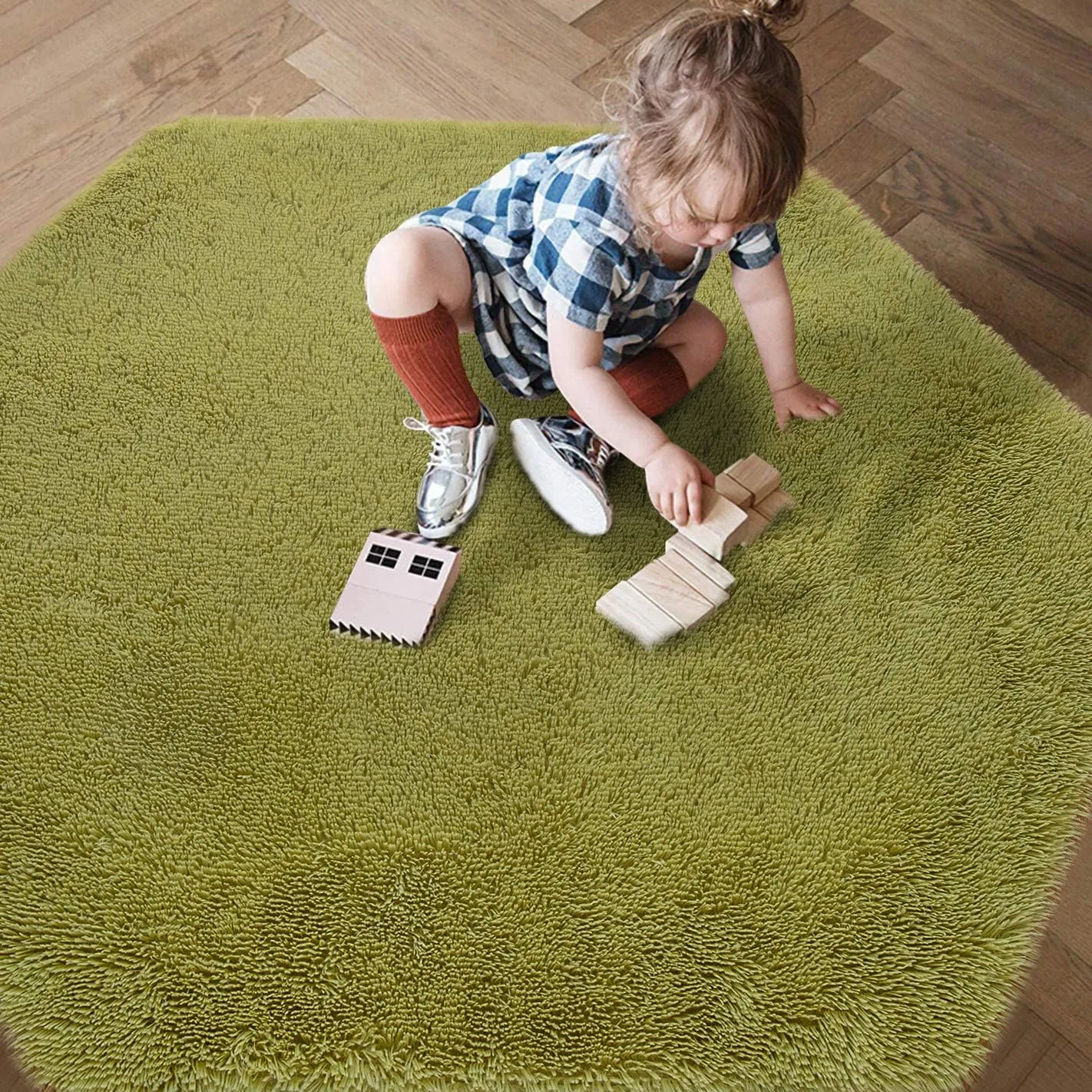 junovo Ultra Soft Rug for Nursery Children Room Baby Room Home Decor Dormitory Hexagon Carpet for Playhouse Princess Tent Kids Play Castle, Diameter 4.6 ft, Green