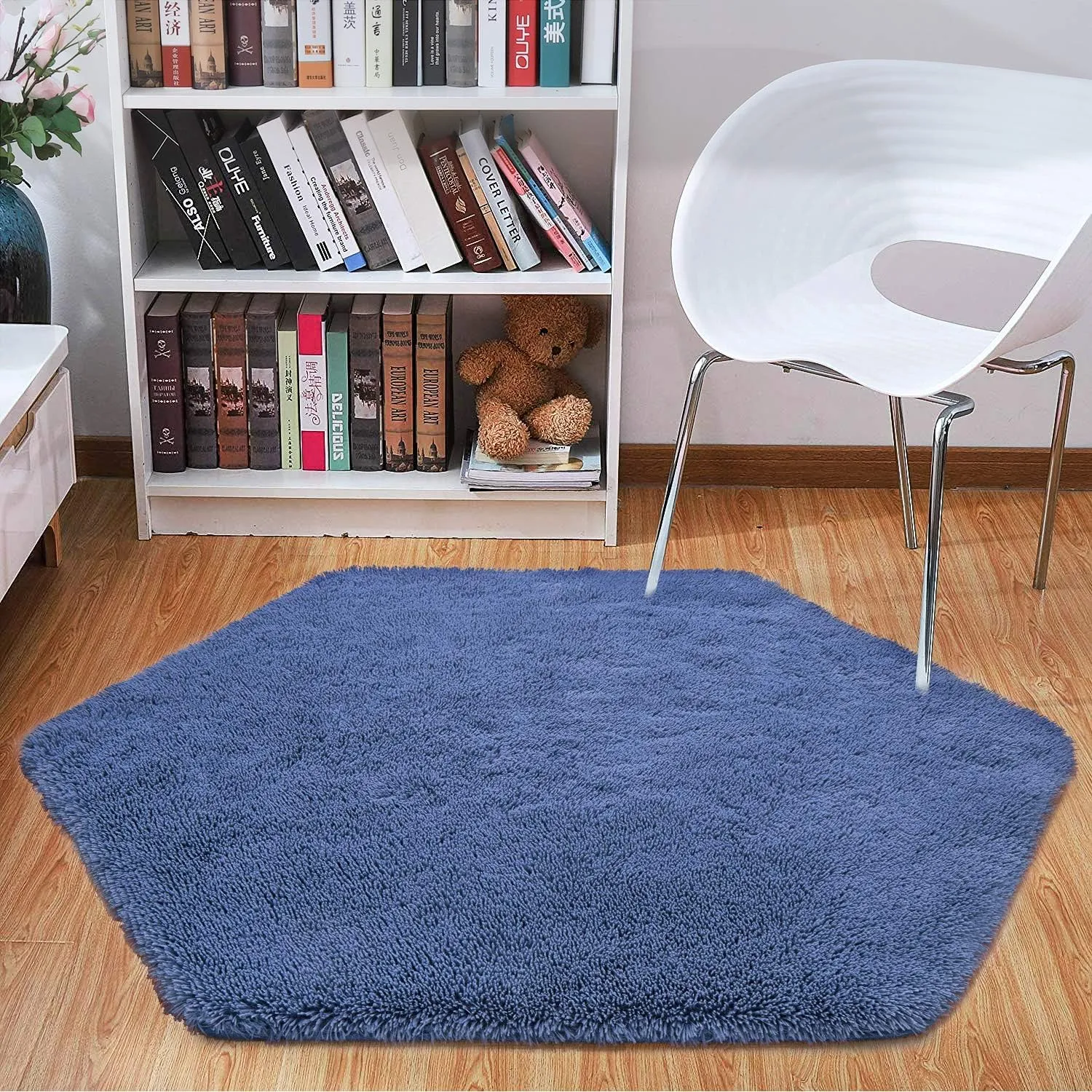 junovo Ultra Soft Rug for Nursery Children Room Baby Room Home Decor Dormitory Hexagon Carpet for Playhouse Princess Tent Kids Play Castle, Diameter 4.6 ft, Navy Blue