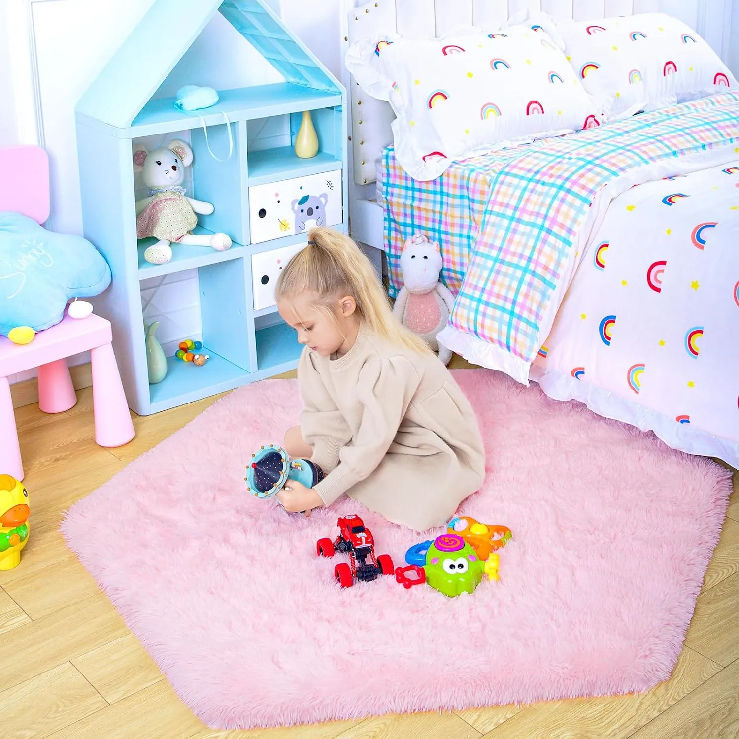 junovo Ultra Soft Rug for Nursery Children Room Baby Room Home Decor Dormitory Hexagon Carpet for Playhouse Princess Tent Kids Play Castle, Diameter 4.6 ft, Pink