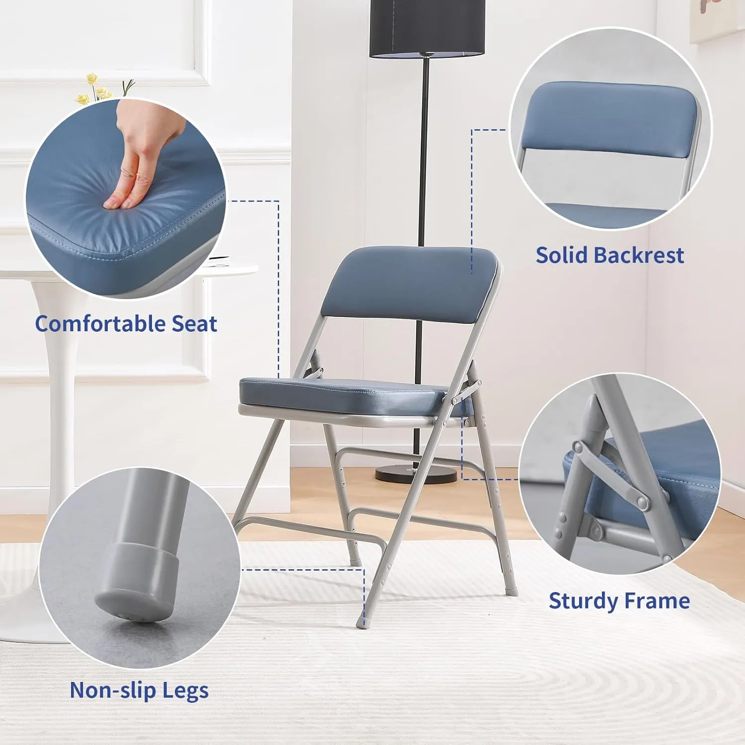 KAIHAOWIN Folding Chairs Ultra Thick Padded Foldable Chair Indoor Comfortable Metal Chairs with Super Soft Cushion-Blue