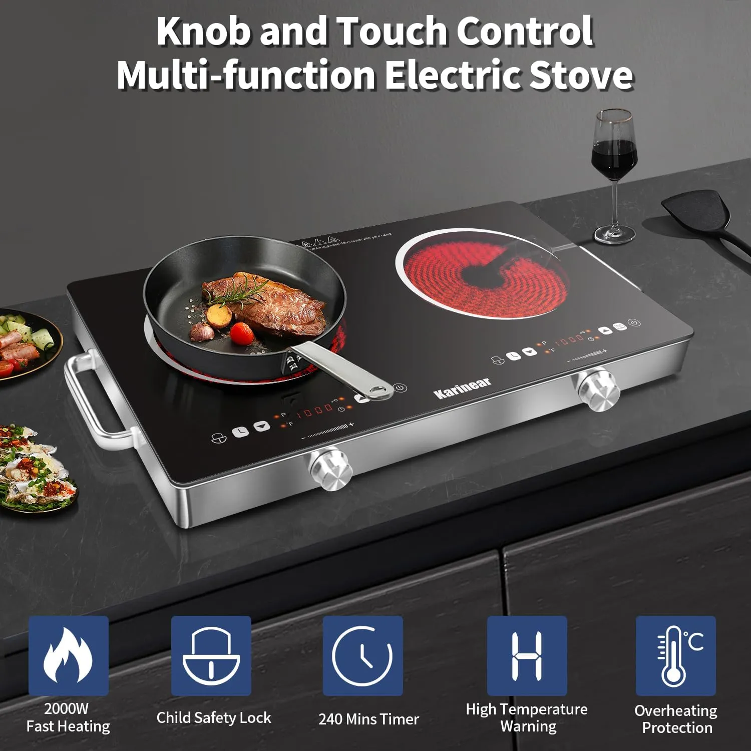 Karinear 2 Burner Electric Cooktop 110V, Portable Electric Stove with Handle, Knob Control Electri Hot Plate, Ceramic Countertop Burner, Timer, Safety Lock, 9 Power Level, 2000W, 24 inch(White)