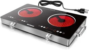 Karinear 2 Burner Electric Cooktop 110V, Portable Electric Stove with Handle, Knob Control Electri Hot Plate, Ceramic Countertop Burner, Timer, Safety Lock, 9 Power Level, 2000W, 24 inch(White)