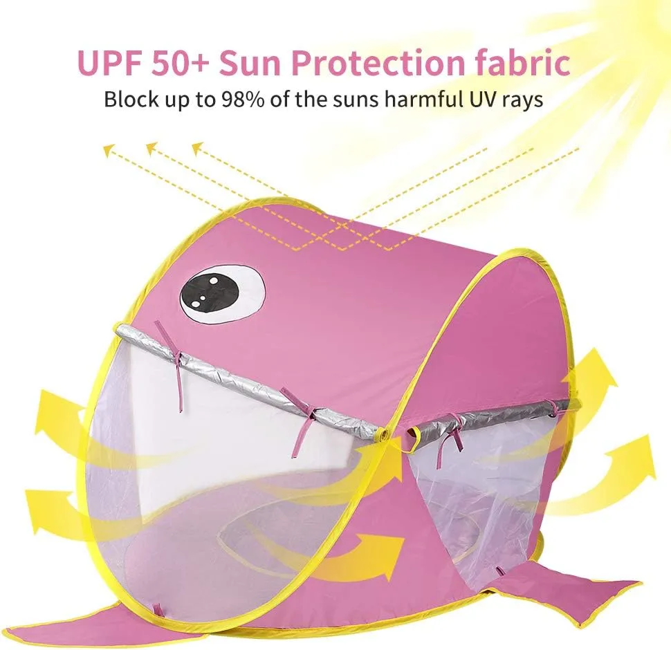 KENPUAZ Pop Up Baby Beach Tent with Pool,Portable Shark Sun Shelter Tent with UPF UV 50  Protection for Toddler Aged 3-72 Months (Pink)