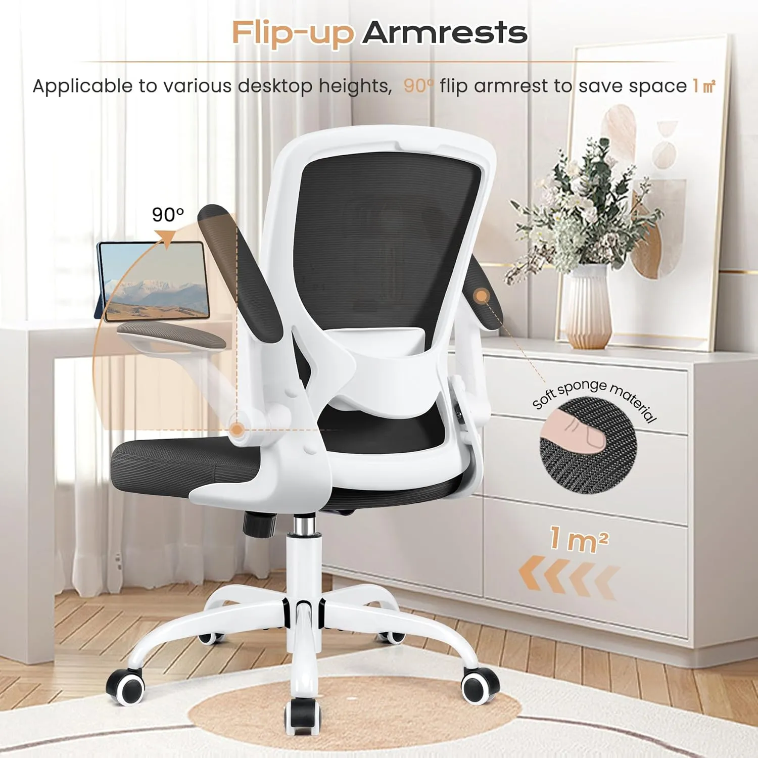 KERDOM Ergonomic Office Chair, Breathable Mesh Desk Chair, Lumbar Support Computer Chair with Wheels and Flip-up Arms, Swivel Task Chair, Adjustable Height Home Gaming Chair (White)