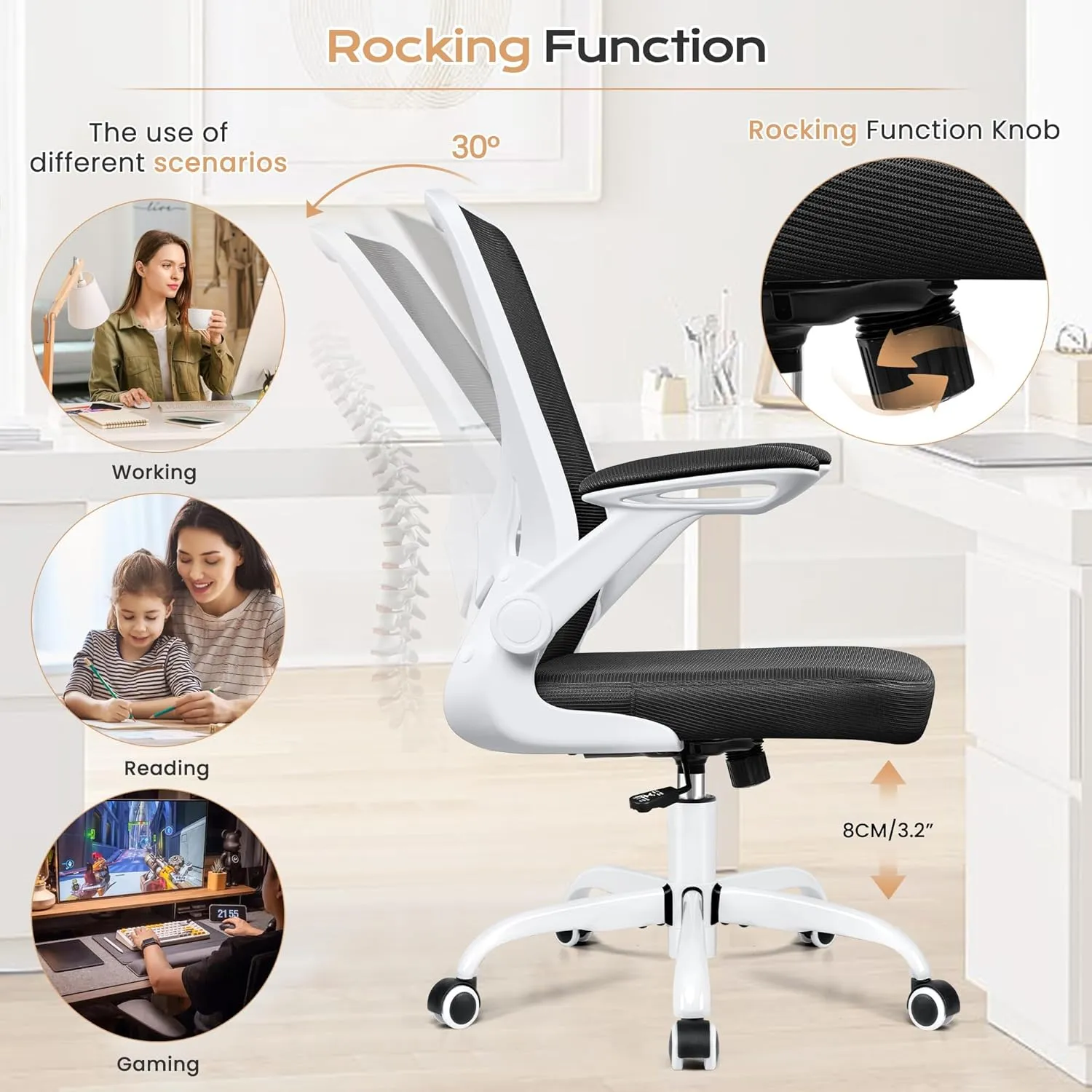 KERDOM Ergonomic Office Chair, Breathable Mesh Desk Chair, Lumbar Support Computer Chair with Wheels and Flip-up Arms, Swivel Task Chair, Adjustable Height Home Gaming Chair (White)