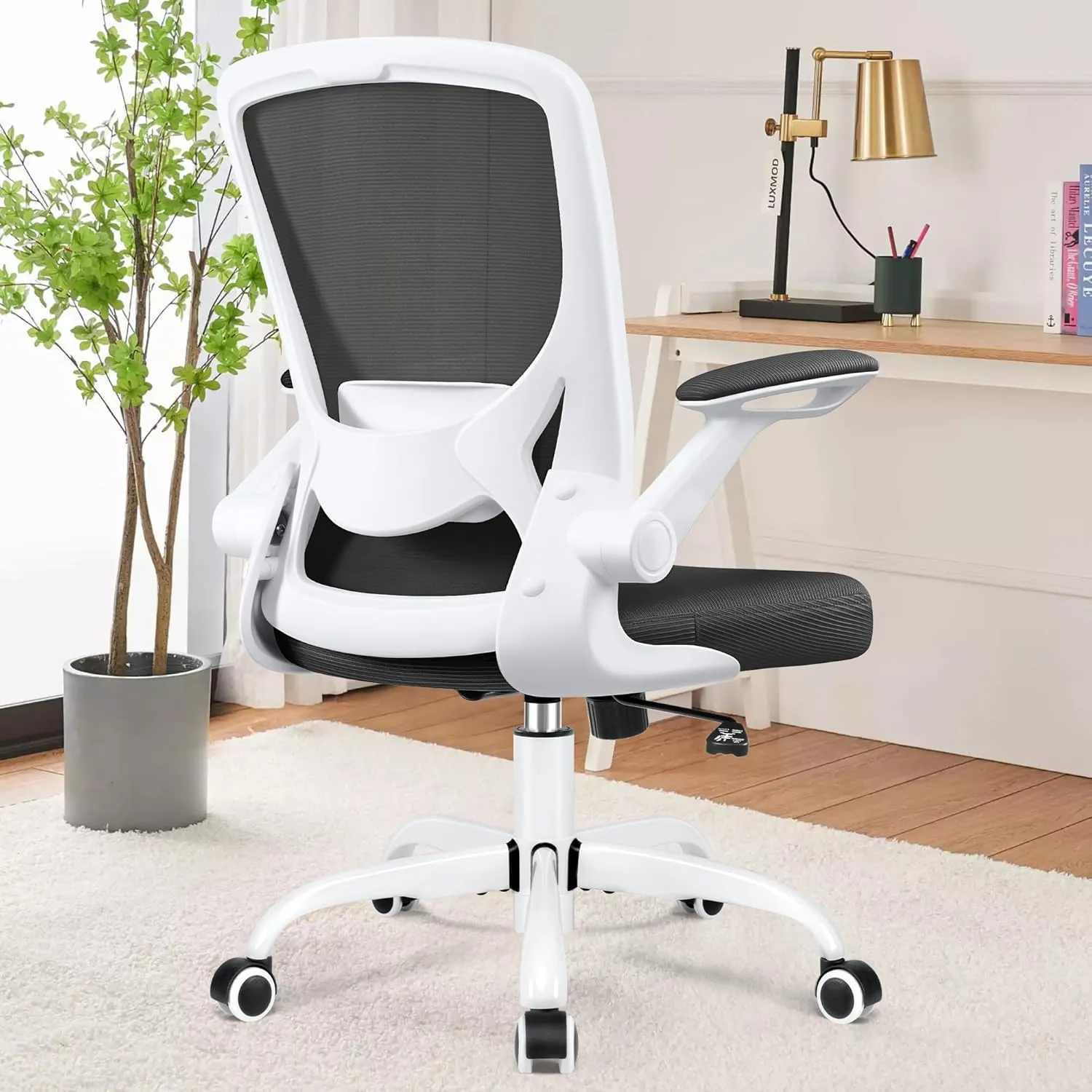 KERDOM Ergonomic Office Chair, Breathable Mesh Desk Chair, Lumbar Support Computer Chair with Wheels and Flip-up Arms, Swivel Task Chair, Adjustable Height Home Gaming Chair (White)