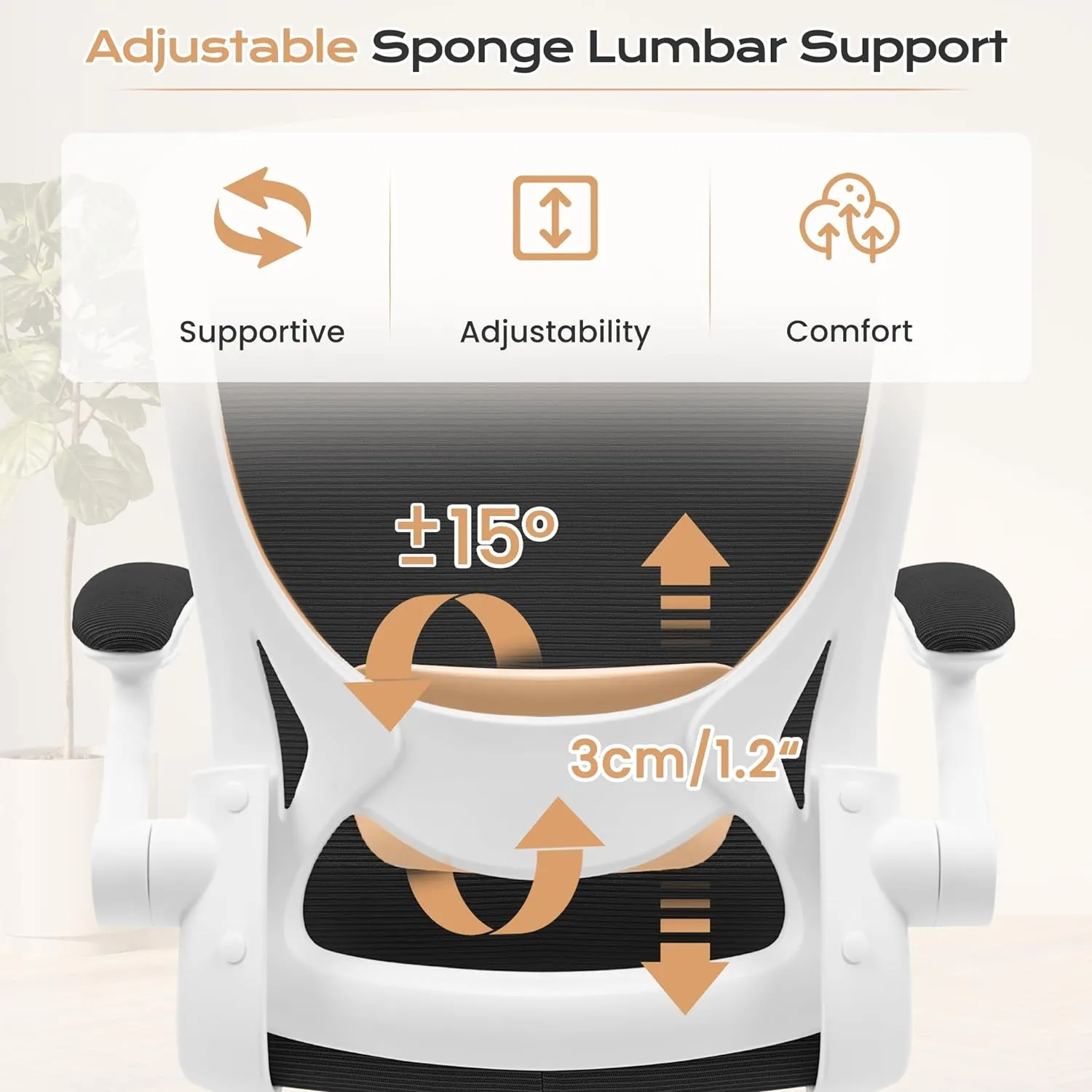 KERDOM Ergonomic Office Chair, Breathable Mesh Desk Chair, Lumbar Support Computer Chair with Wheels and Flip-up Arms, Swivel Task Chair, Adjustable Height Home Gaming Chair (White)