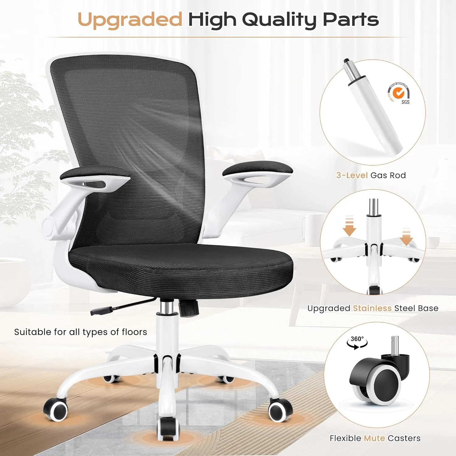 KERDOM Ergonomic Office Chair, Breathable Mesh Desk Chair, Lumbar Support Computer Chair with Wheels and Flip-up Arms, Swivel Task Chair, Adjustable Height Home Gaming Chair (White)