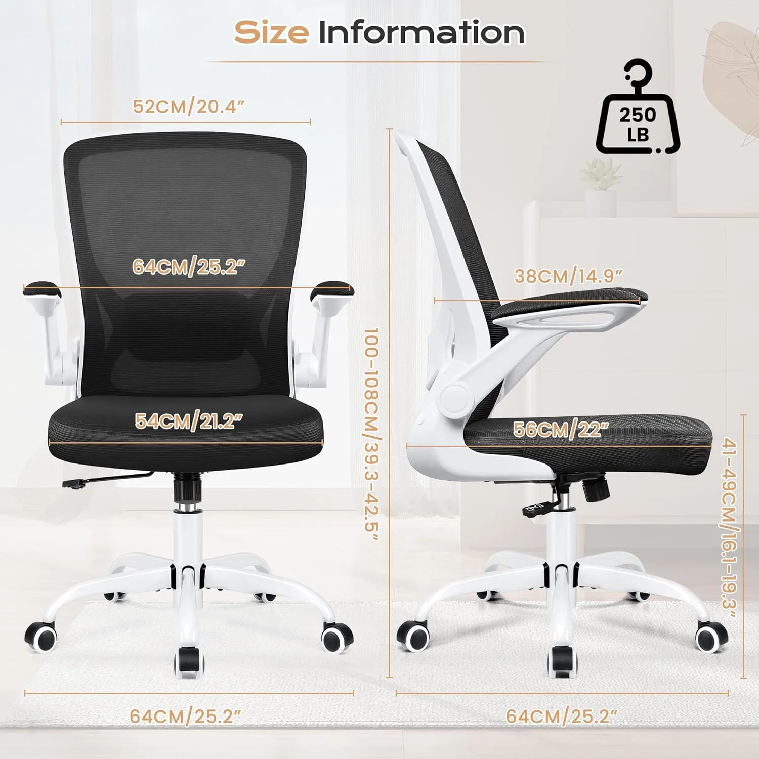 KERDOM Ergonomic Office Chair, Breathable Mesh Desk Chair, Lumbar Support Computer Chair with Wheels and Flip-up Arms, Swivel Task Chair, Adjustable Height Home Gaming Chair (White)