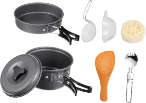 KICHOUSE 1set Portable Camping Cookware Person Outdoor Cooking Tools Lightweight Design Non-Stick for Hiking Backpacking and Campfire Cooking