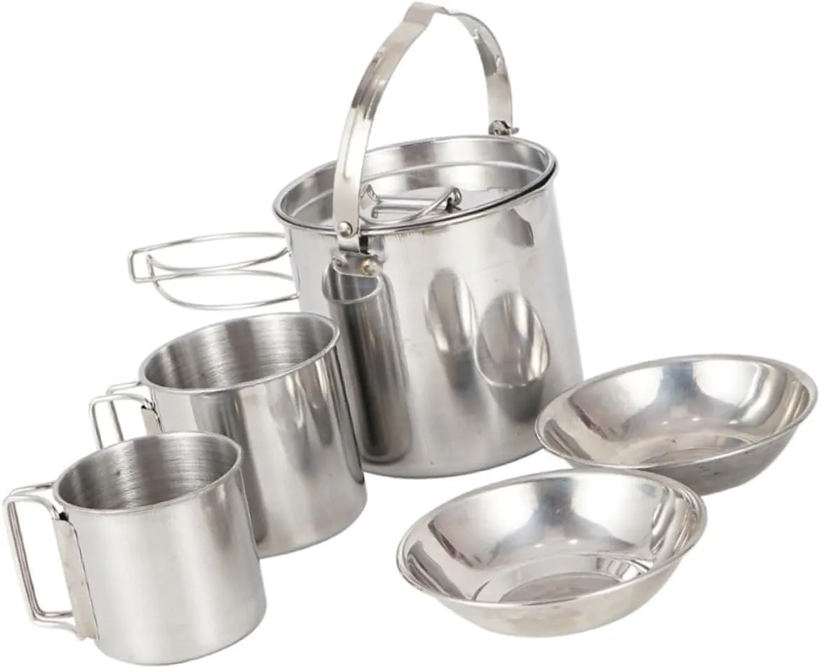 KICHOUSE Stainless Steel Picnic Cookware Set Camping Cutlery Hot Water Kettle Collapsible Dish Pan Outdoor Cup for Hiking