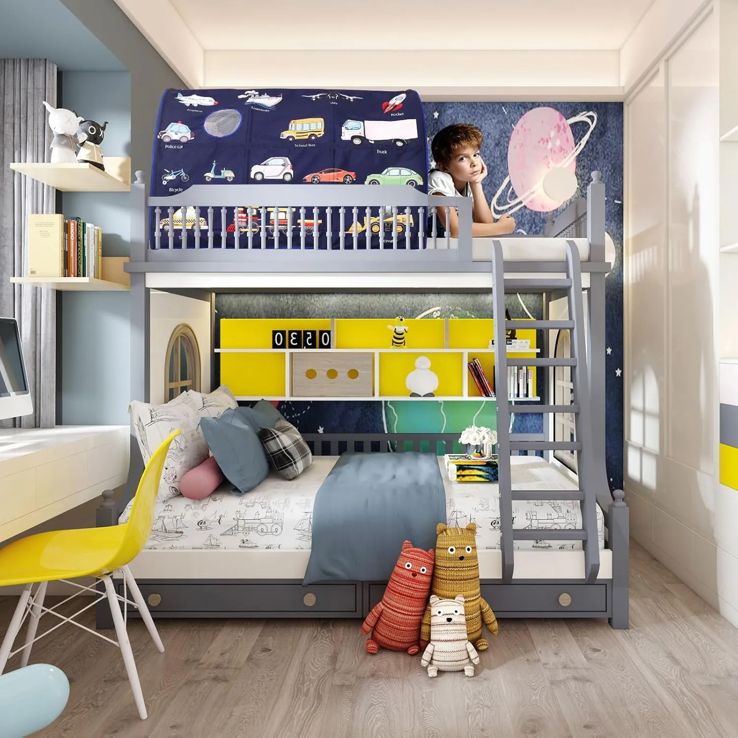 Kids Bed Tent Twin Beds -Cartoons Wonder Play Tents Boys Girls Ventilated Indoor Play Tent Children Promotes Independent Play, Stimulates Imagination Set-Up Playhouse (Cars)