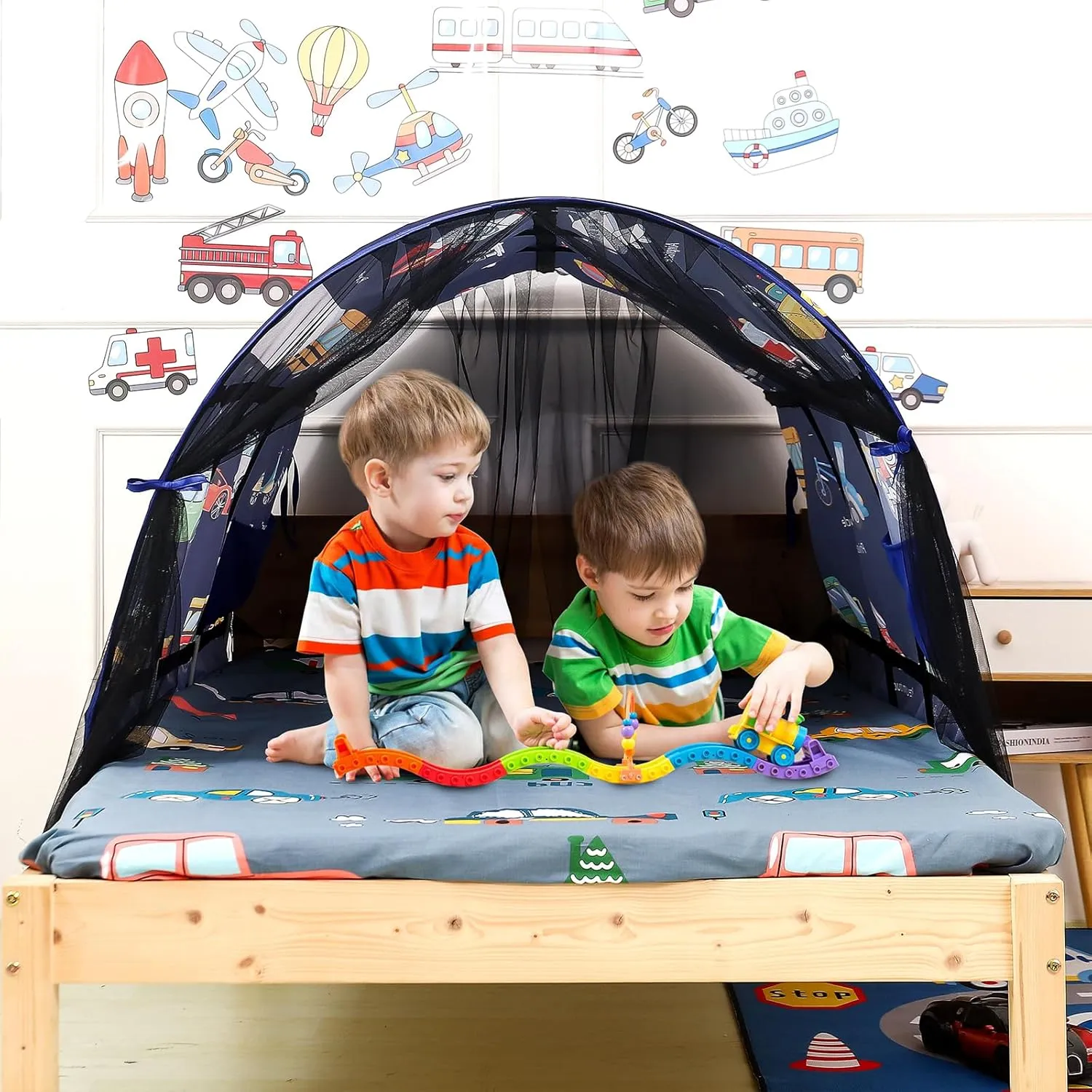 Kids Bed Tent Twin Beds -Cartoons Wonder Play Tents Boys Girls Ventilated Indoor Play Tent Children Promotes Independent Play, Stimulates Imagination Set-Up Playhouse (Cars)