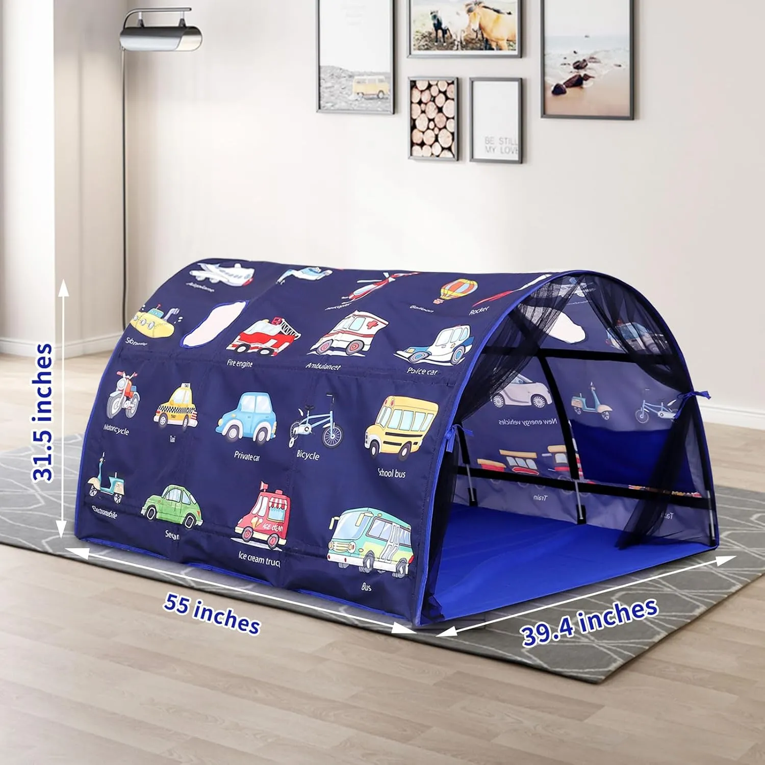 Kids Bed Tent Twin Beds -Cartoons Wonder Play Tents Boys Girls Ventilated Indoor Play Tent Children Promotes Independent Play, Stimulates Imagination Set-Up Playhouse (Cars)