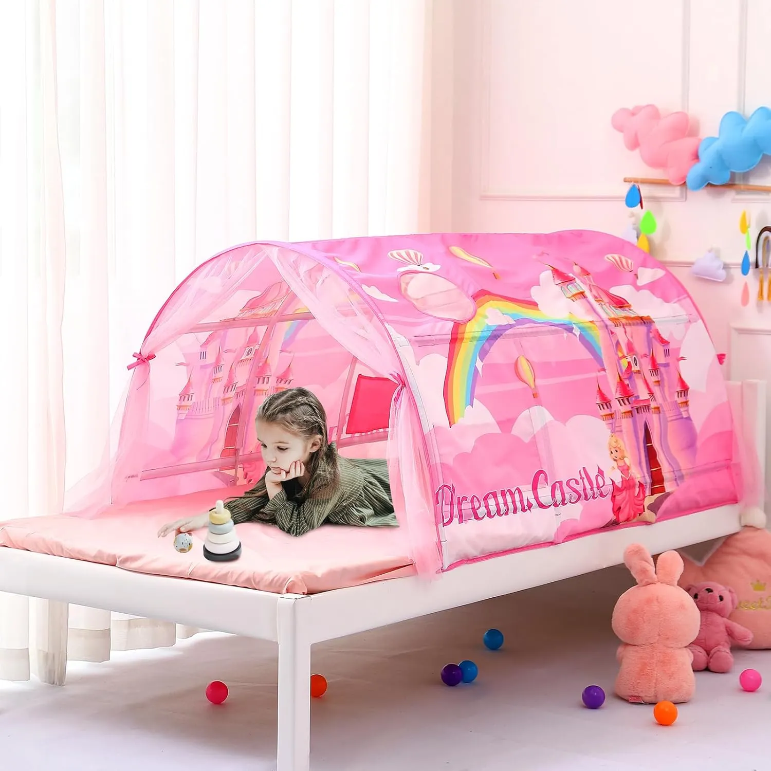 Kids Bed Tent Twin Beds -Cartoons Wonder Play Tents Boys Girls Ventilated Indoor Play Tent Children Promotes Independent Play, Stimulates Imagination Set-Up Playhouse (Castle