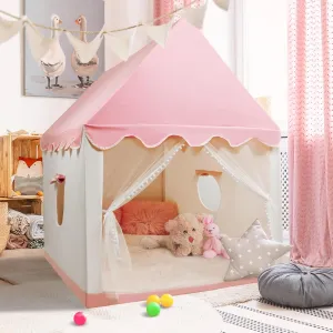 Kids Play Tent, Princess Playhouse for Girls, Indoor & Outdoor Large Fairy Castle Tent for Toddler Children, Gift Toy House with Pom Poms Door Curtains & Windows, Pink Tents