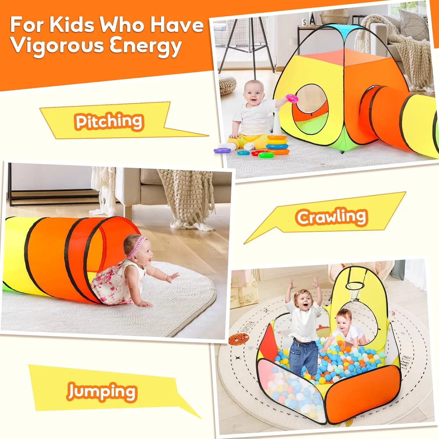 Kids Play Tent with Ball Pit Crawl Tunnel Castle Tent, Pop Up Toddlers Playhouse for Boys and Girls Gift, Collapsible Children Play Tent Toy Indoor and Outdoor Games