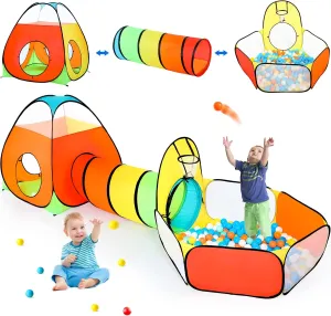 Kids Play Tent with Ball Pit Crawl Tunnel Castle Tent, Pop Up Toddlers Playhouse for Boys and Girls Gift, Collapsible Children Play Tent Toy Indoor and Outdoor Games
