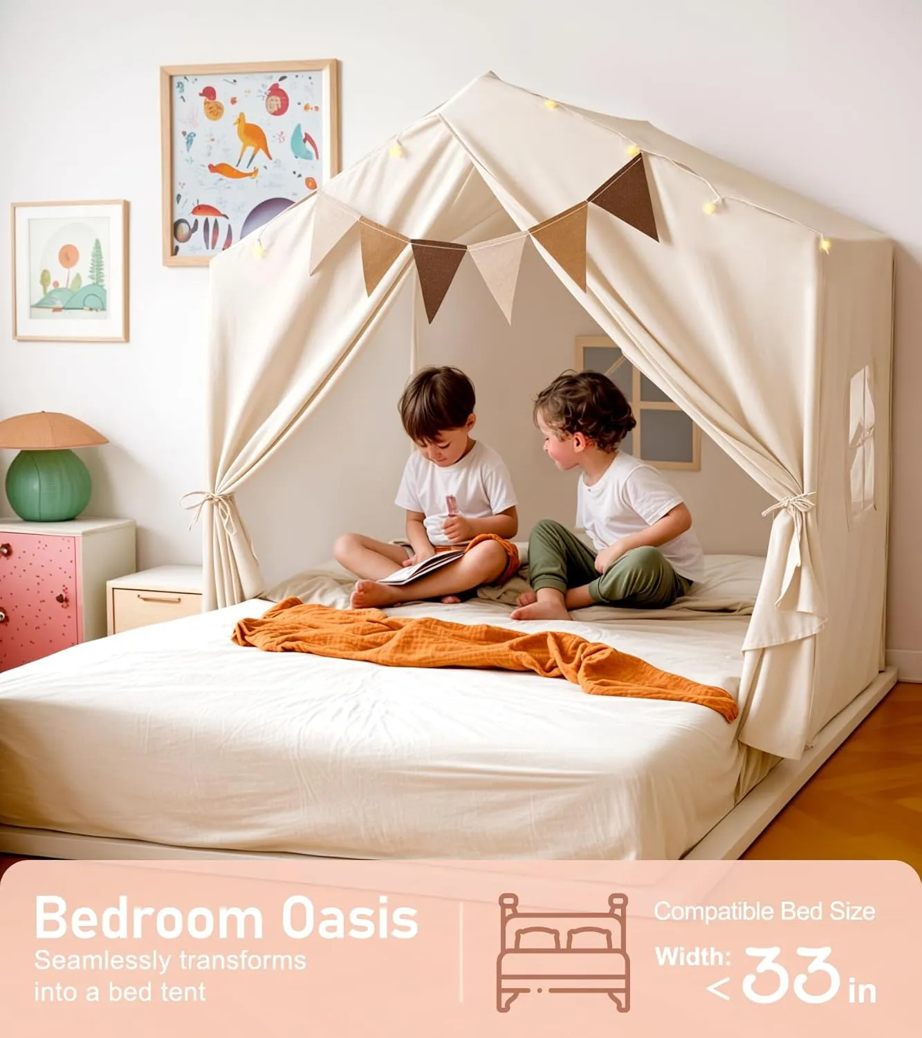Kids Tent, Play Tent with Padded Mat and Lights, Large Play Tents with 2 Windows, Kids Playhouse Indoor & Outdoor, Reading Nook, Christmas Toddler Tents for Girls & Boys, 52" x35" x 51", Beige