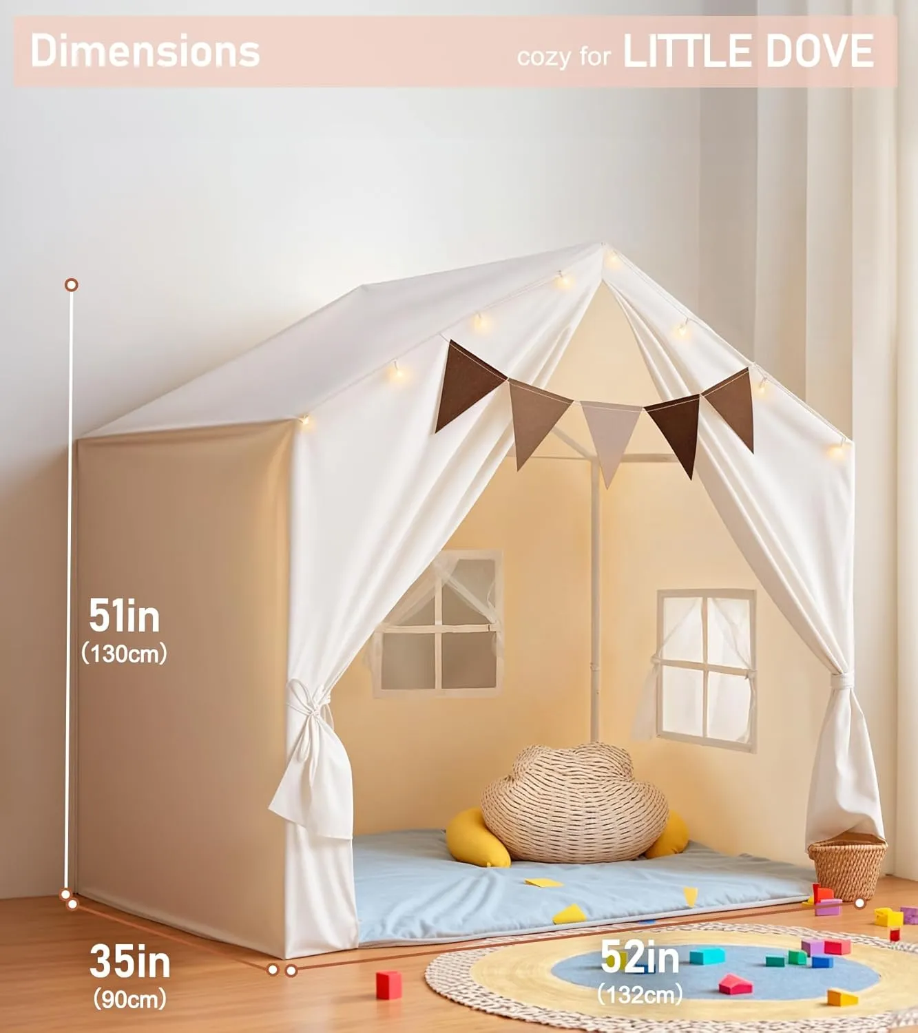 Kids Tent, Play Tent with Padded Mat and Lights, Large Play Tents with 2 Windows, Kids Playhouse Indoor & Outdoor, Reading Nook, Christmas Toddler Tents for Girls & Boys, 52" x35" x 51", Beige