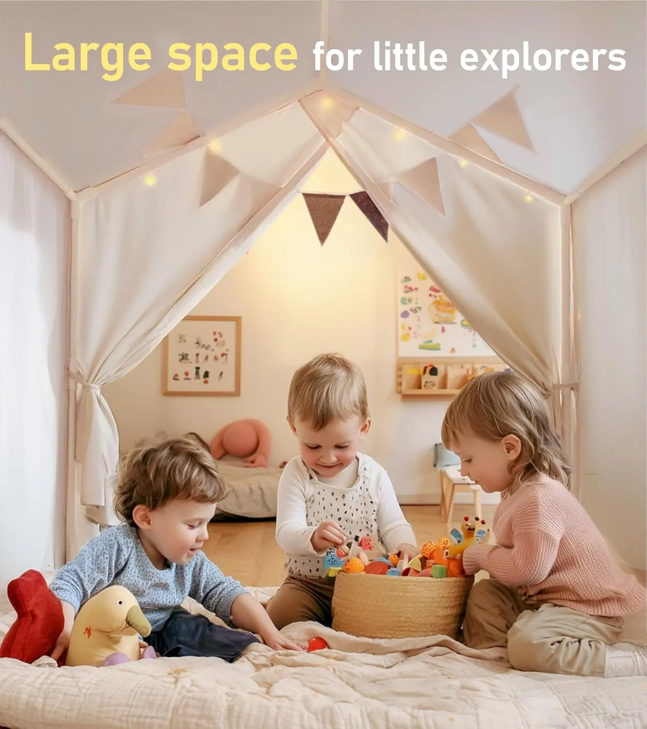 Kids Tent, Play Tent with Padded Mat and Lights, Large Play Tents with 2 Windows, Kids Playhouse Indoor & Outdoor, Reading Nook, Christmas Toddler Tents for Girls & Boys, 52" x35" x 51", Beige