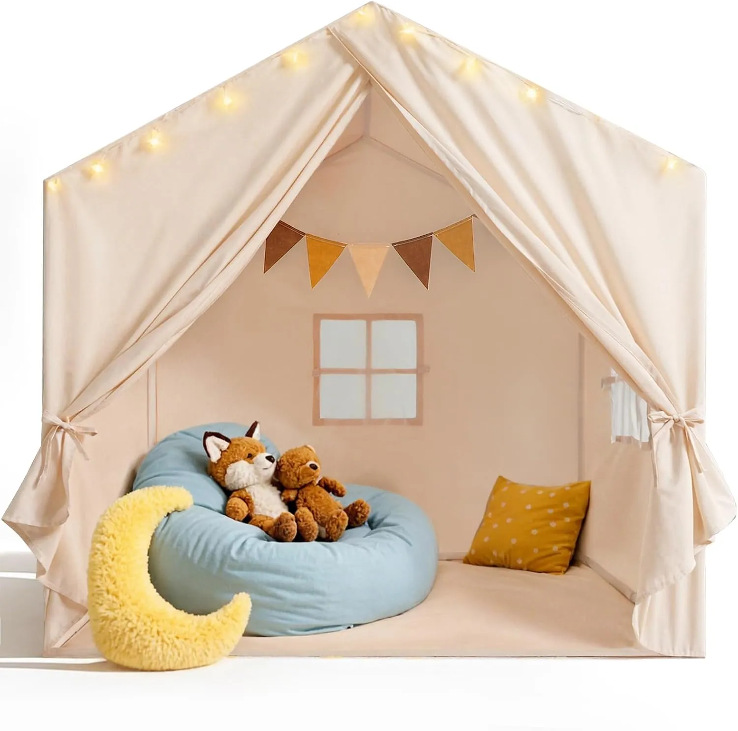 Kids Tent, Play Tent with Padded Mat and Lights, Large Play Tents with 2 Windows, Kids Playhouse Indoor & Outdoor, Reading Nook, Christmas Toddler Tents for Girls & Boys, 52" x35" x 51", Beige